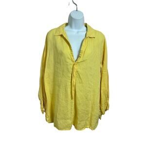 Soft Surroundings Yellow Linen Blouse Sz XL V-Neck Collar Top Long Roll Tab